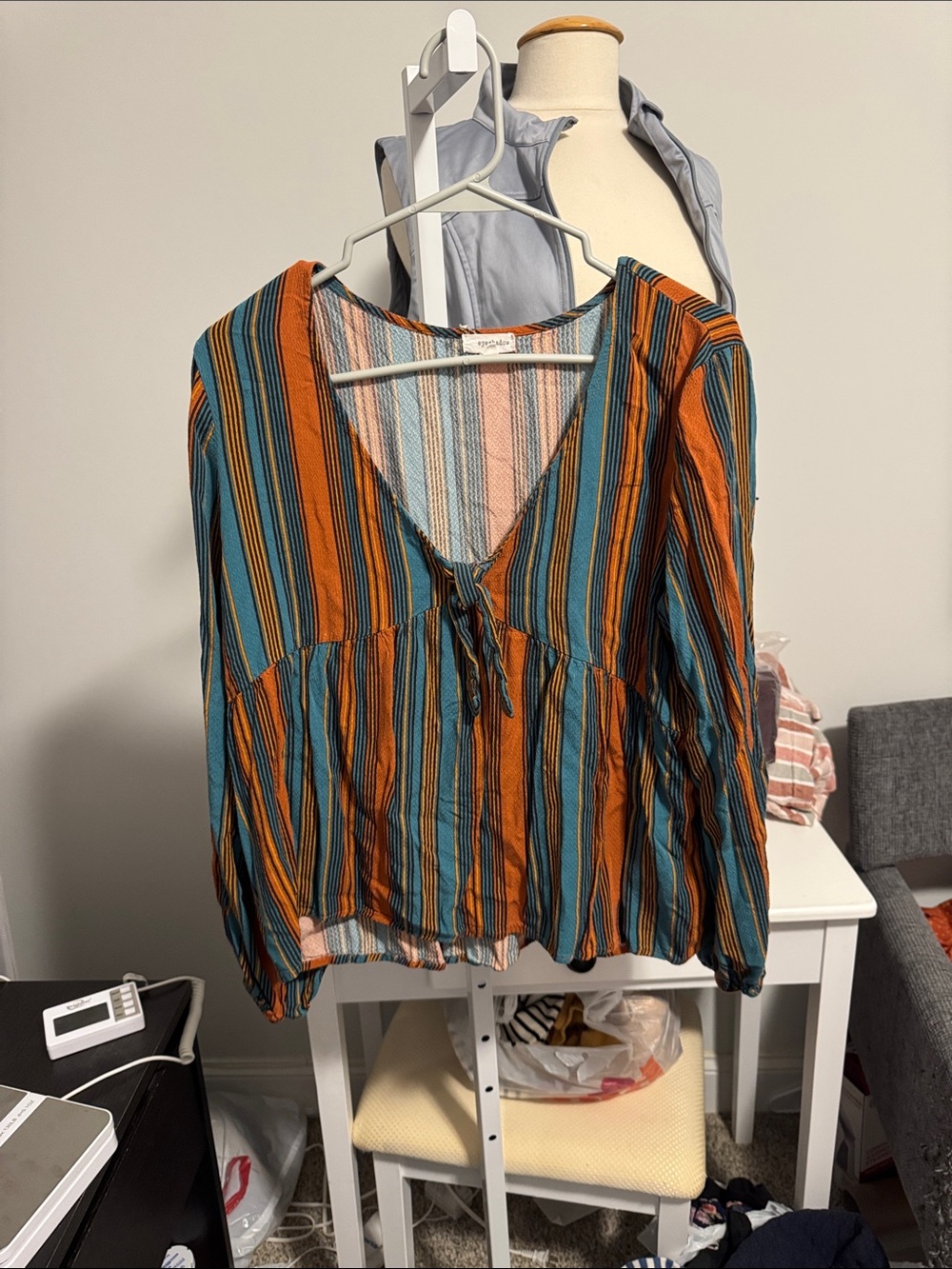 Eyeshadow Striped V-Neck Tie-Front Blouse - Orange & Teal